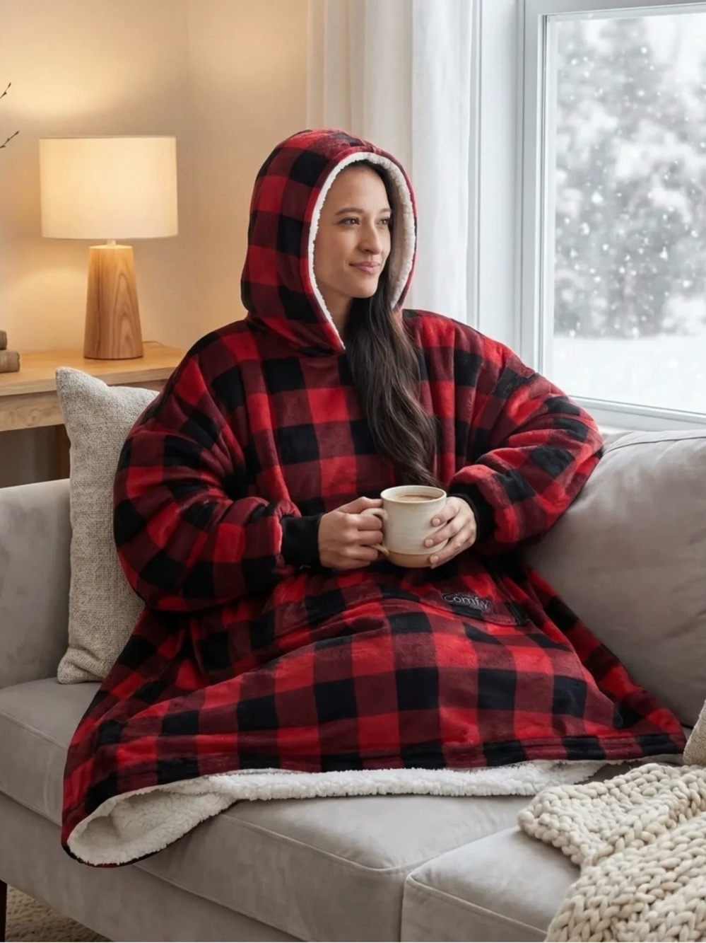The Comfy™️ Red Buffalo Plaid Hooded Sherpa Blanket Sweatshirt
